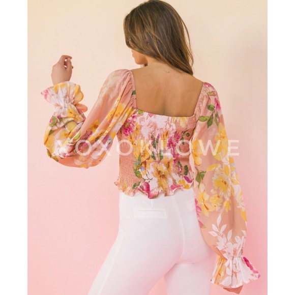 Pink & Yellow Floral Smocked Bubble Sleeve Blouse - Picture 9 of 16